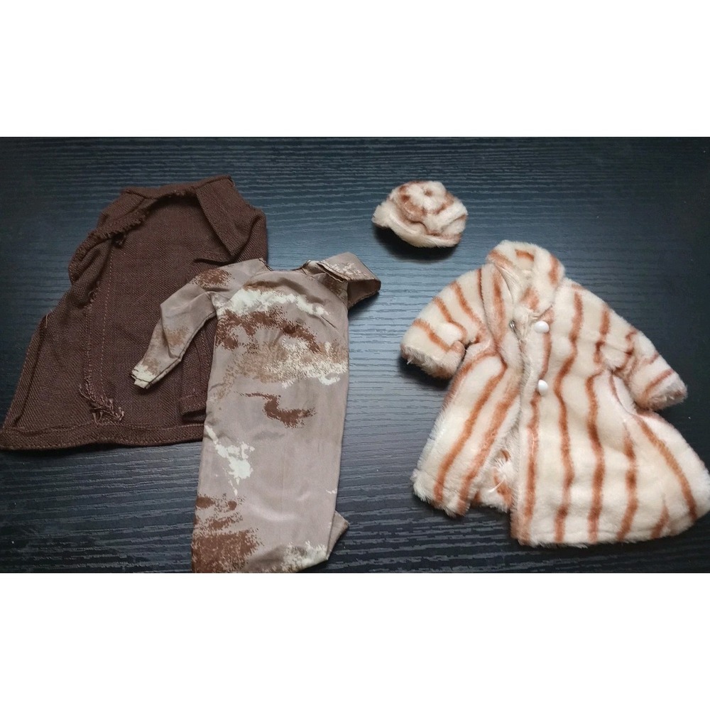 Vintage Barbie Doll Clothes Lot Fur Coat Hat Brown Dress Coat Outfit TLC